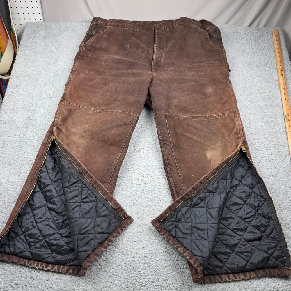 Carhartt Brown Insulated Duck Canvas Bib Overalls Quilted Zip Leg 46x30‎ R27 DKB - Picture 2 of 12